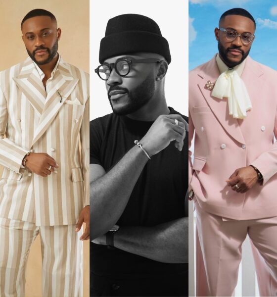 Omotosho wearing three tailored outfits: an Emmy Kasbit dusty pink suit with an ivory neck bow, a black streetwear set with a beanie, and an Oseyi Adams cream and beige striped suit.