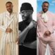 Omotosho wearing three tailored outfits: an Emmy Kasbit dusty pink suit with an ivory neck bow, a black streetwear set with a beanie, and an Oseyi Adams cream and beige striped suit.