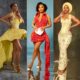 Toke Makinwa posing in a yellow Emagine By Bukola high-low gown, a red Weiz Dhurm Franklyn tweed mini dress, and a yellow Fiolakemi Atelier lace corset dress.