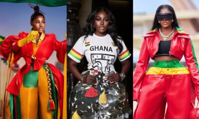 Ghanaian fashion enthusiast Nana Akua Addo showcasing three distinct custom outfits incorporating the green, yellow, and red colours of the Ghana flag for the 2026 World Cup tournament.