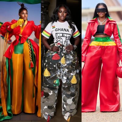 Ghanaian fashion enthusiast Nana Akua Addo showcasing three distinct custom outfits incorporating the green, yellow, and red colours of the Ghana flag for the 2026 World Cup tournament.