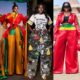 Ghanaian fashion enthusiast Nana Akua Addo showcasing three distinct custom outfits incorporating the green, yellow, and red colours of the Ghana flag for the 2026 World Cup tournament.
