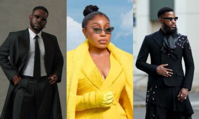 Adekunle Gold in a formal black overcoat, Rita Dominic in a custom yellow Medlin Couture suit, and Akin Faminu in an asymmetric black OJ Clothing suit.
