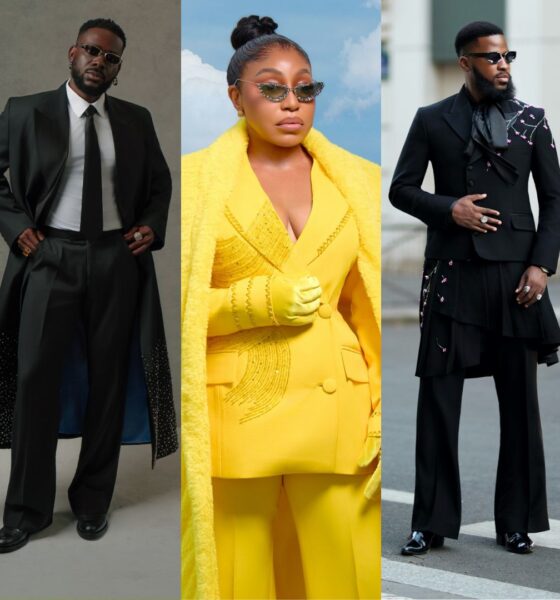 Adekunle Gold in a formal black overcoat, Rita Dominic in a custom yellow Medlin Couture suit, and Akin Faminu in an asymmetric black OJ Clothing suit.