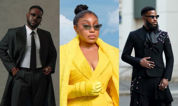 Adekunle Gold in a formal black overcoat, Rita Dominic in a custom yellow Medlin Couture suit, and Akin Faminu in an asymmetric black OJ Clothing suit.