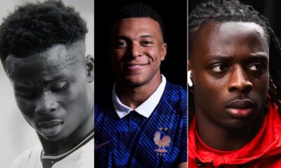 Portraits of Bukayo Saka for England, Kylian Mbappe for France, and Jeremy Doku wearing a red Royal Belgian Football Association jacket.