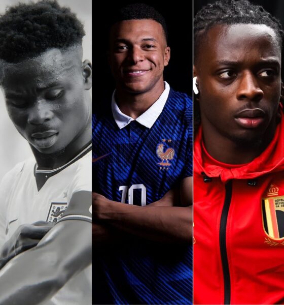 Portraits of Bukayo Saka for England, Kylian Mbappe for France, and Jeremy Doku wearing a red Royal Belgian Football Association jacket.