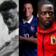 Portraits of Bukayo Saka for England, Kylian Mbappe for France, and Jeremy Doku wearing a red Royal Belgian Football Association jacket.