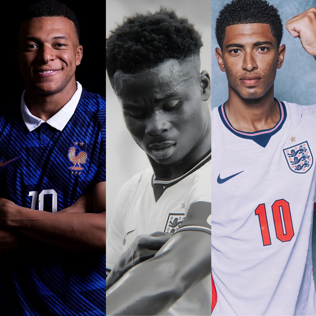 Portraits of Kylian Mbappe in a blue France kit, Bukayo Saka in a white England kit, and Jude Bellingham celebrating in an England national team kit.
