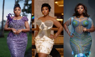 Wumi Toriola wearing three of her six birthday outfits: a violet sequined gown with an asymmetric neckline, a strapless white corset mini dress with gold paneling, and a teal hand-beaded mermaid gown.
