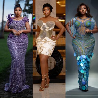 Wumi Toriola wearing three of her six birthday outfits: a violet sequined gown with an asymmetric neckline, a strapless white corset mini dress with gold paneling, and a teal hand-beaded mermaid gown.