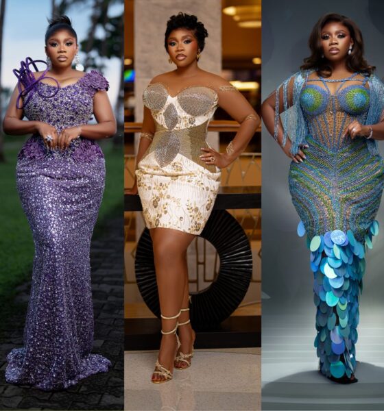 Wumi Toriola wearing three of her six birthday outfits: a violet sequined gown with an asymmetric neckline, a strapless white corset mini dress with gold paneling, and a teal hand-beaded mermaid gown.