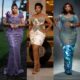 Wumi Toriola wearing three of her six birthday outfits: a violet sequined gown with an asymmetric neckline, a strapless white corset mini dress with gold paneling, and a teal hand-beaded mermaid gown.