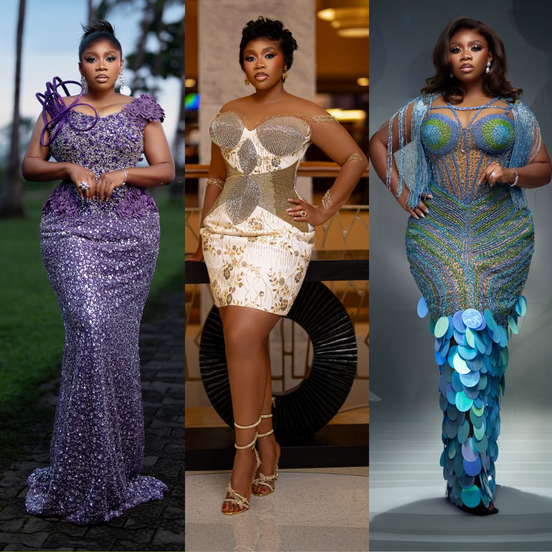 Wumi Toriola wearing three of her six birthday outfits: a violet sequined gown with an asymmetric neckline, a strapless white corset mini dress with gold paneling, and a teal hand-beaded mermaid gown.