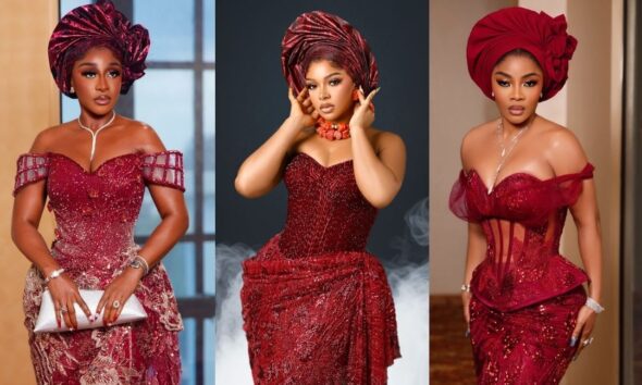 Ini Edo in a gold-embroidered burgundy lace gown alongside Liquorose in a wine-red beaded corset gown with coral beads and Toke Makinwa in a sequined peplum corset dress at Soso Soberekon's wedding.