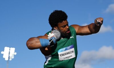 Nigerian shot putter Chukwuebuka Enekwechi executing a 21.07-metre throw to win gold in the men's shot put at Glasgow 2026.