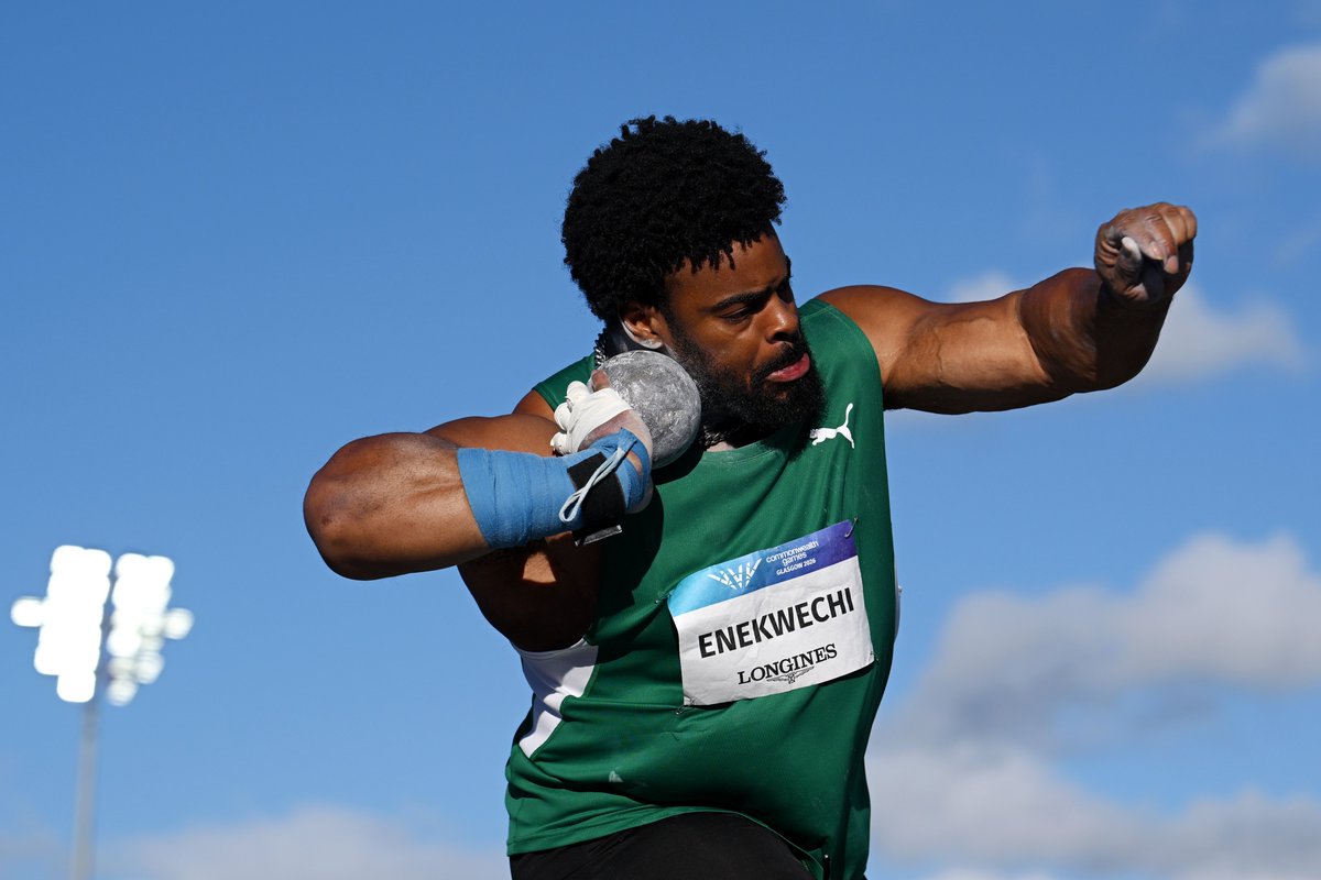 Nigerian shot putter Chukwuebuka Enekwechi executing a 21.07-metre throw to win gold in the men's shot put at Glasgow 2026.