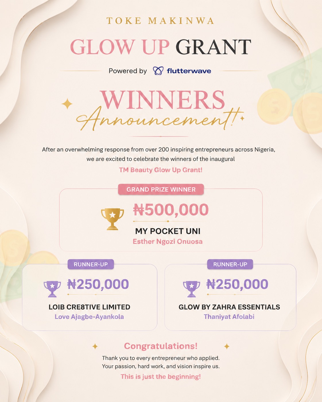 Toke Makinwa Beauty and Flutterwave Announce Winners of the ₦1 Million Glow Up  Grant