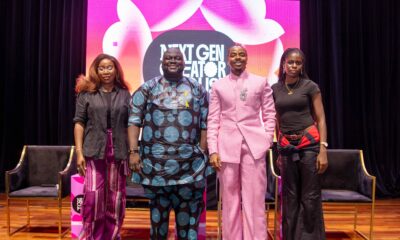 Collette Otsu, Abisola Alawode, Enioluwa Adeoluwa in a pink suit, and Korty EO standing on stage at the BellaNaija Next Gen Creator House workshop in Lagos.