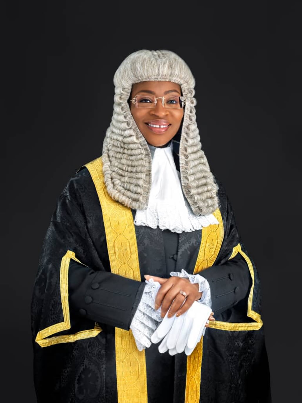 Senior Advocate of Nigeria Oyinkansola Badejo-Okusanya wearing ceremonial legal wig, gloves, and silk gown following her elevation to the inner Bar in September 2025