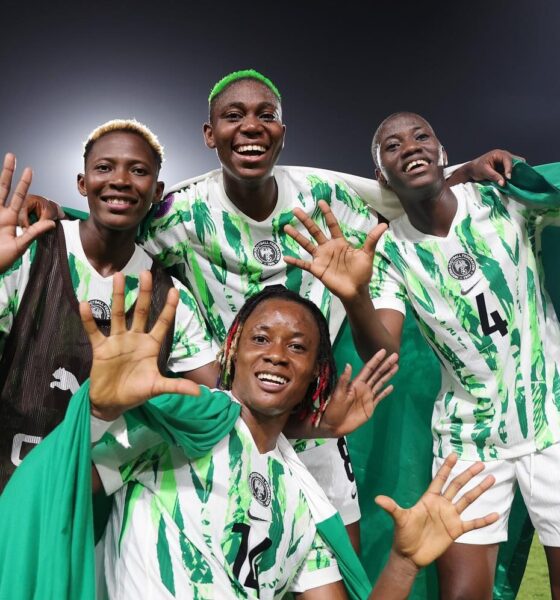 Nigeria players Shukurat Oladipo, Asisat Oshoala, Esther Okoronkwo, and Deborah Abiodun holding up ten fingers on the pitch to celebrate winning 10 WAFCON championships in team history.