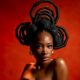 Gbubemi Ejeye looking directly at the camera wearing a structural natural hair creation made of large thread-wrapped loops and soft afro puffs.