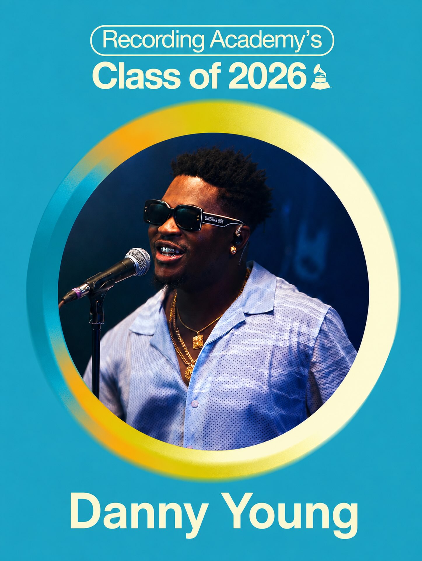 Official Recording Academy Class of 2026 announcement graphic featuring Afrobeats artist and producer Danny Young singing into a microphone.