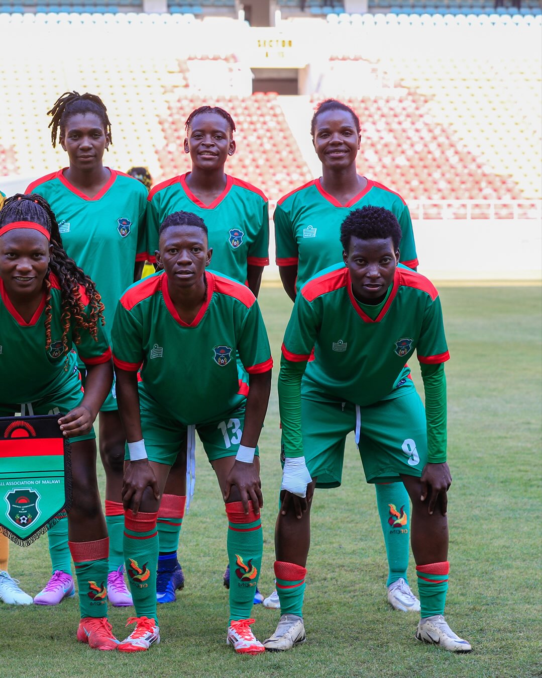 Malawi women’s national football team, the Scorchers, posing in their green and red kits ahead of their Group C campaign at WAFCON 2026.