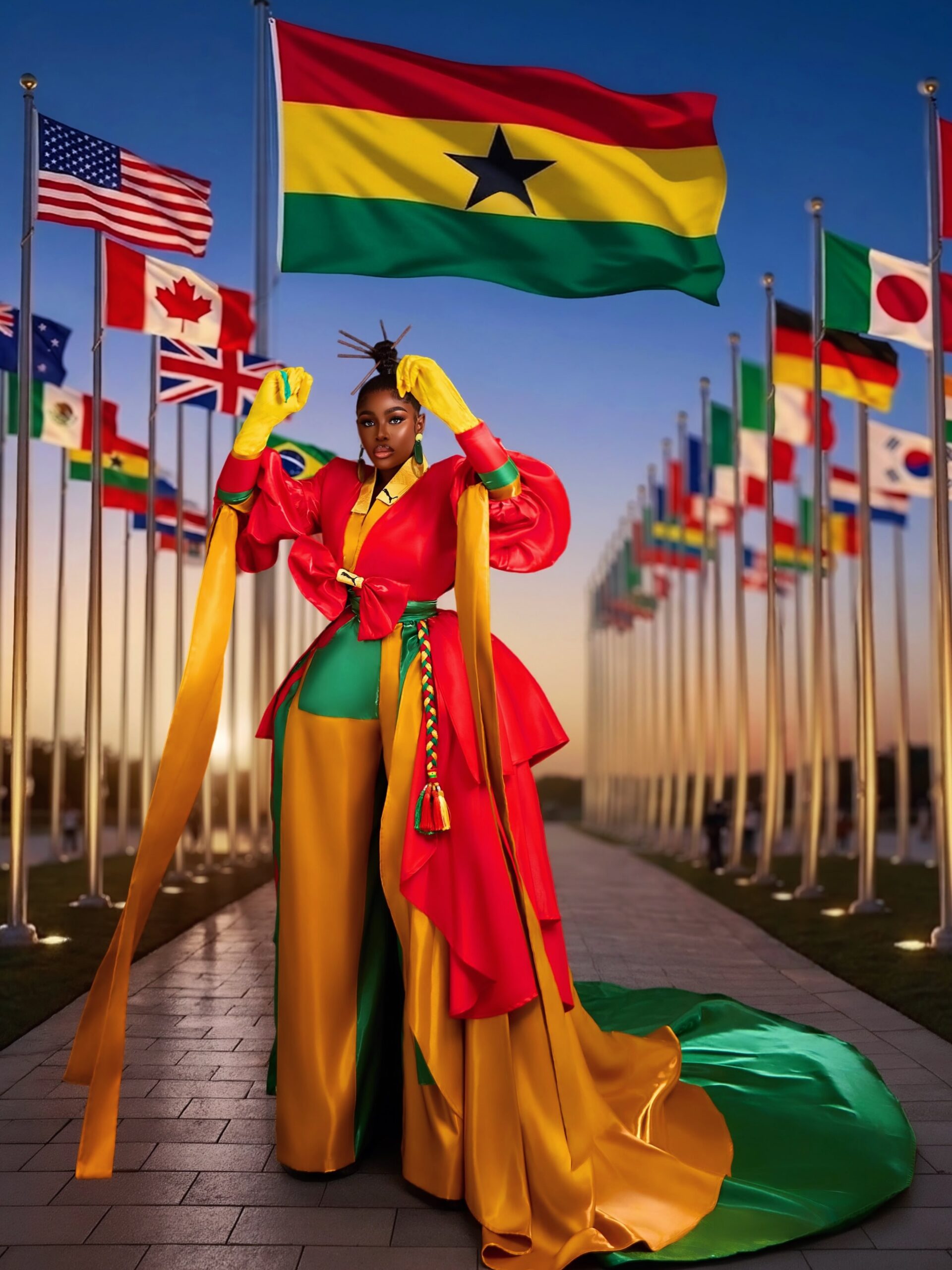 Nana Akua Addo wearing an avant-garde red and gold satin wrap kimono gown with balloon sleeves, yellow gloves, and a tri-color braided sash under the Ghana national flag.
