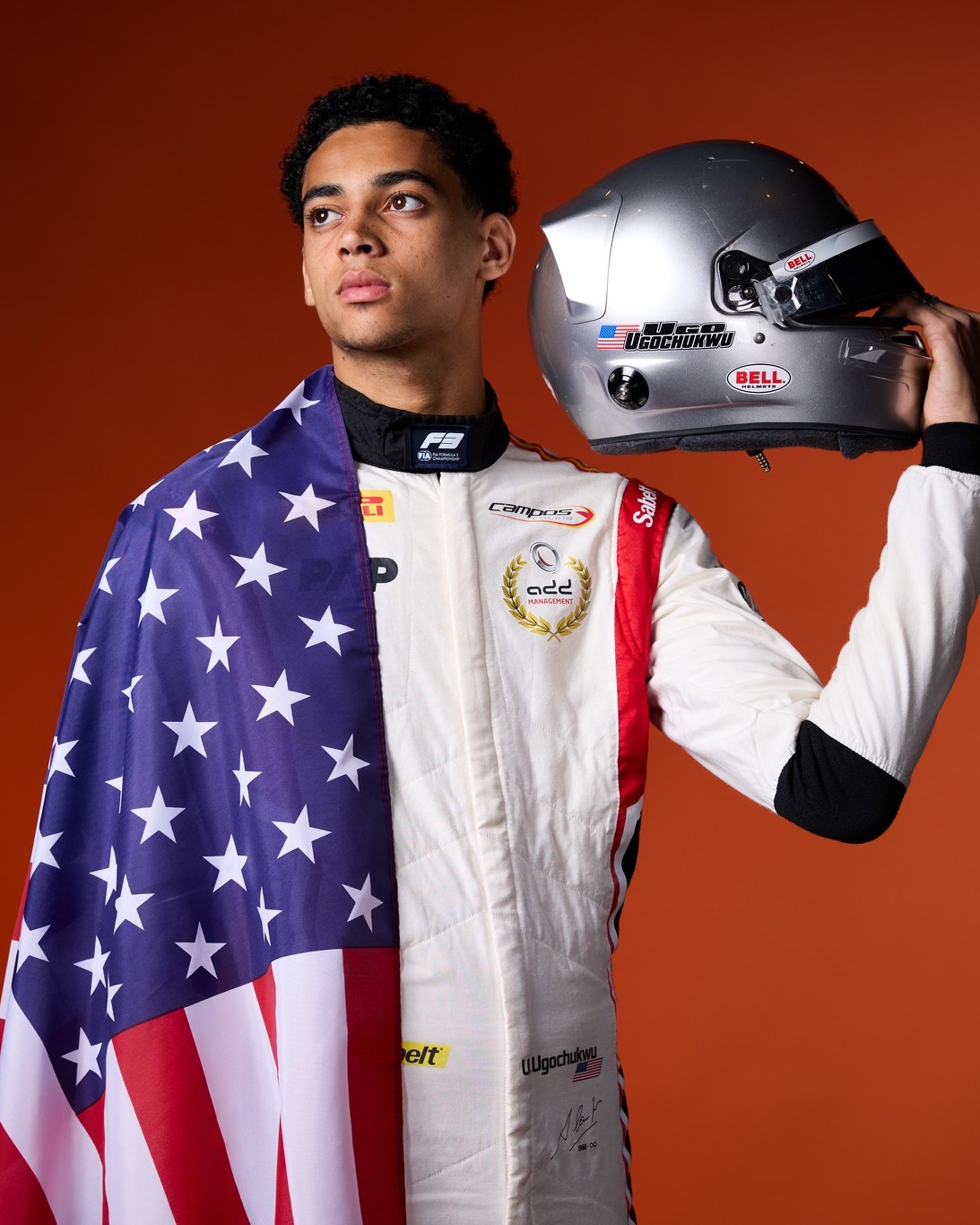 Ugo Ugochukwu wearing a Campos Racing suit wit