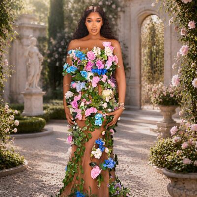 Idia Aisien standing in a stone courtyard wearing a strapless flesh-toned gown adorned with trailing green vines and multi-coloured roses.