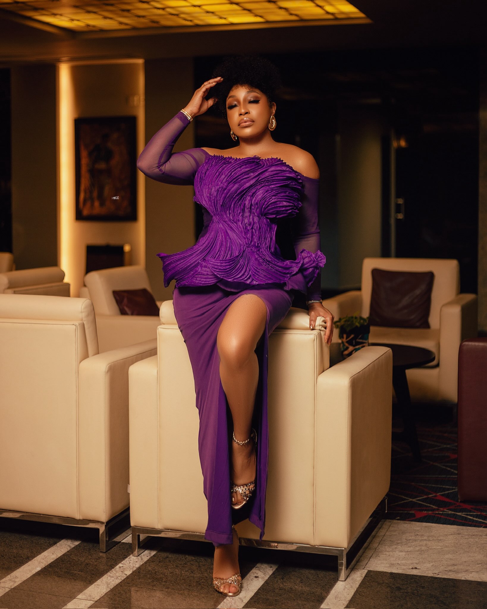 Rita Dominic Wears an Off-the-Shoulder Royal Purple Look You’ll Want to Save