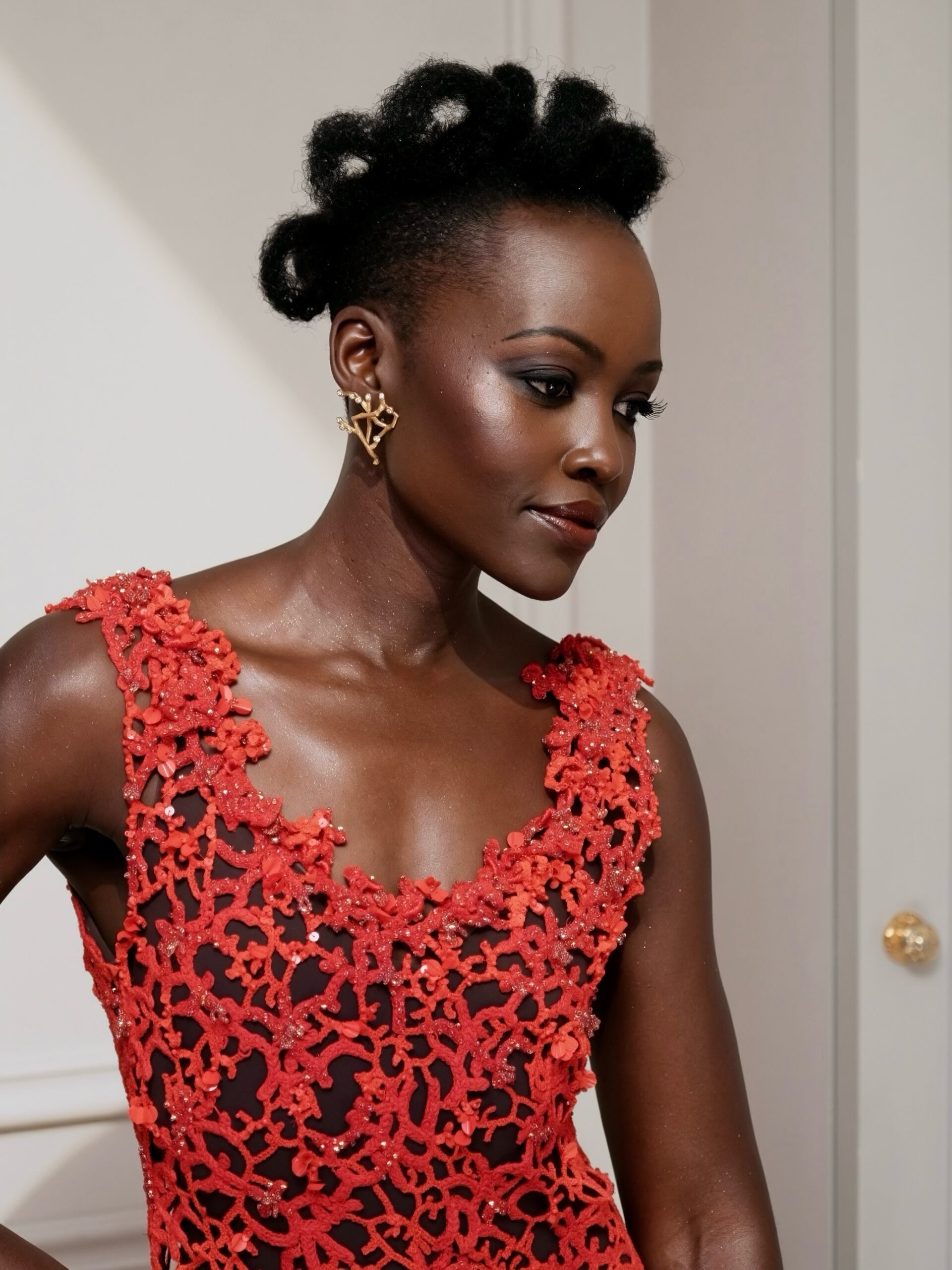 Lupita Nyong'o with an architectural natural updo styled by Vernon François, paired with gold sculptural ear cuffs
