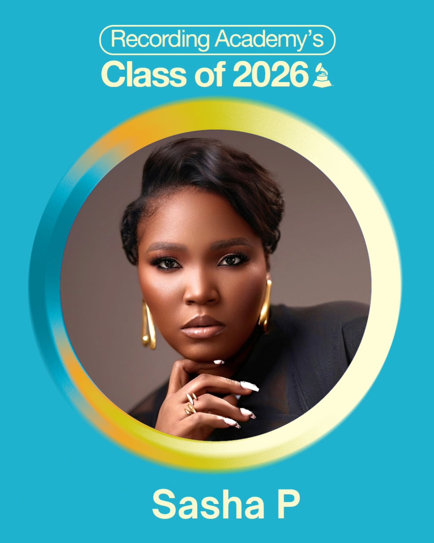 Official Recording Academy Class of 2026 announcement graphic featuring hip-hop artist and entertainment executive Sasha P posing with gold earrings.