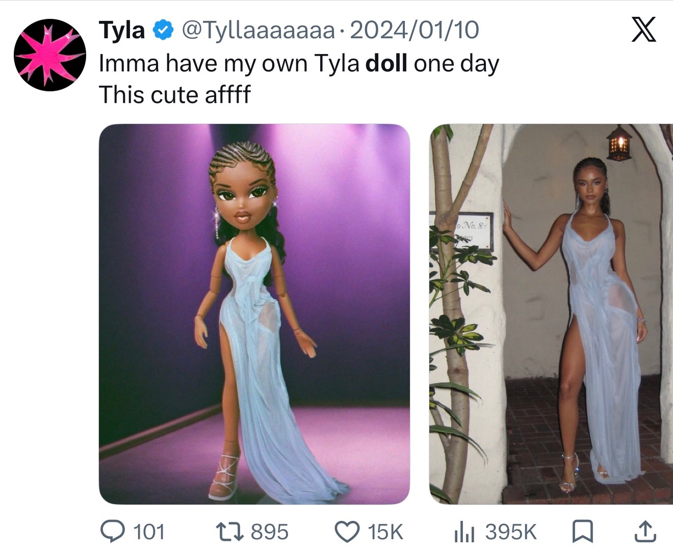 Tyla tweet from 2024 alongside a fan-made Bratz doll concept and her original outfit photo.