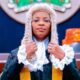 Oyinkansola Badejo-Okusanya SAN wearing ceremonial legal wig and robes during her swearing-in as Senior Advocate of Nigeria.