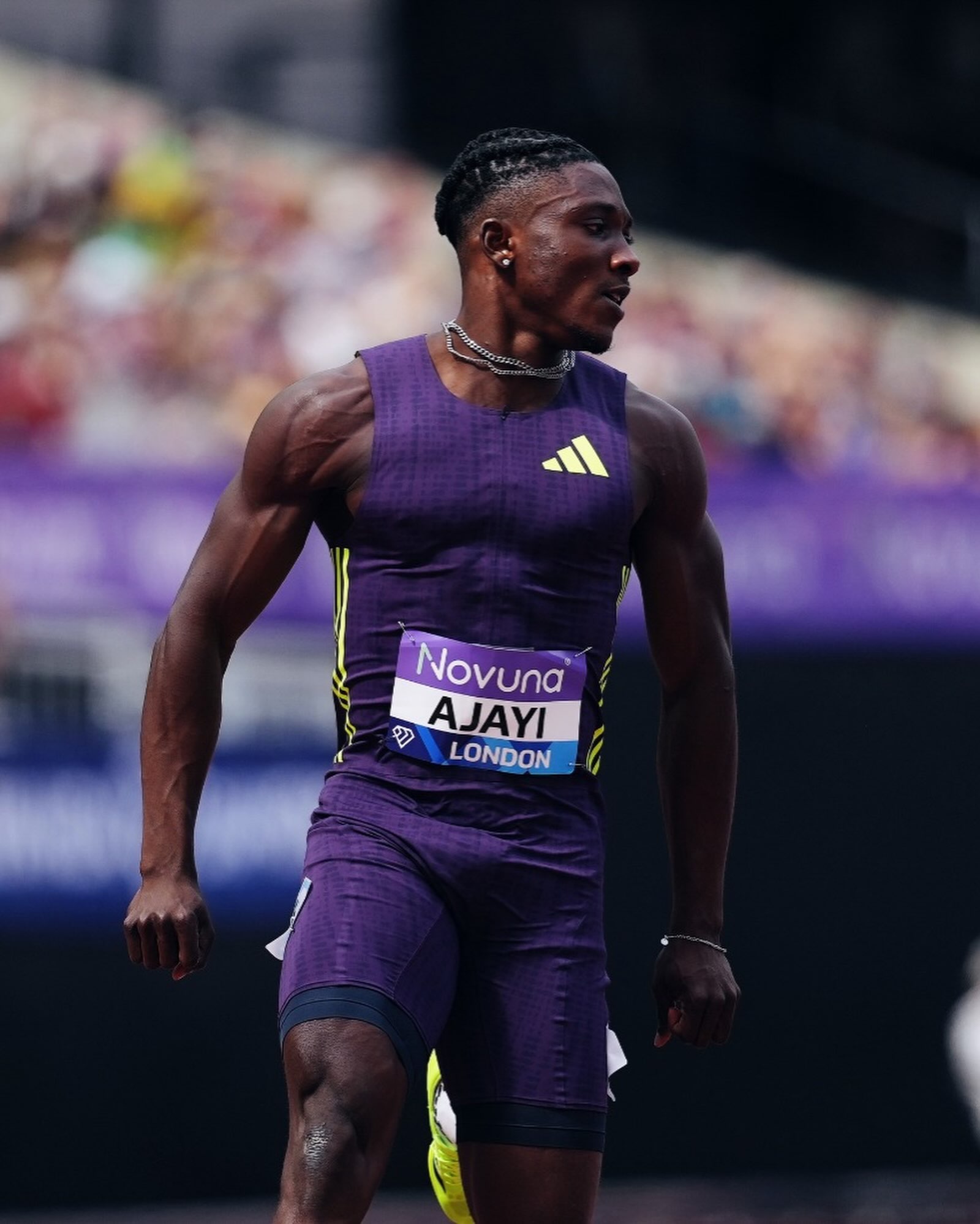 Kanyinsola Ajayi on the track in a purple Adidas kit after setting a new Nigerian national 100m record of 9.84 seconds at the Diamond League.