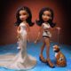 Official Bratz x Tyla dolls featuring her Balmain Met Gala dress with hourglass bag, performance outfit, and pet tiger on a chain.