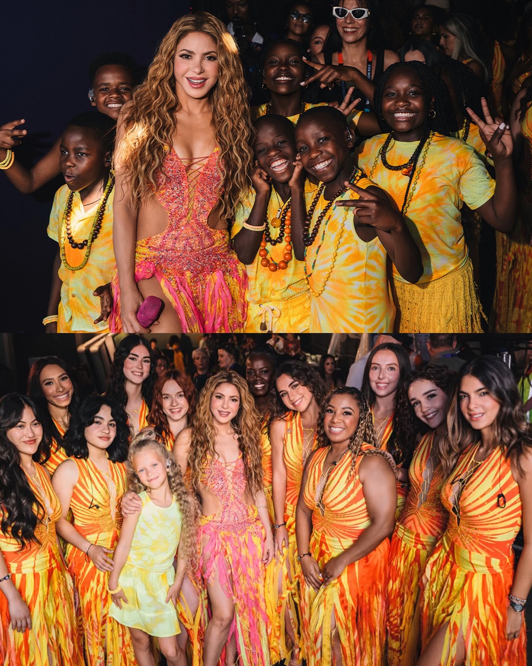 Shakira poses backstage with the Ghetto Kids throwing peace signs and alongside her full dance crew in yellow and orange flame costumes.