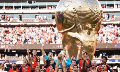 Spain celebrate their 2026 FIFA World Cup victory, lifting the trophy after defeating Argentina in the final to become world champions for the second time.