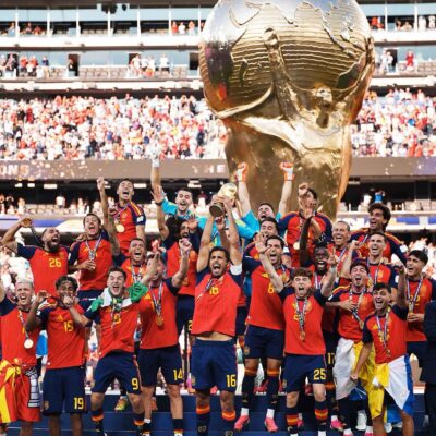 Spain celebrate their 2026 FIFA World Cup victory, lifting the trophy after defeating Argentina in the final to become world champions for the second time.