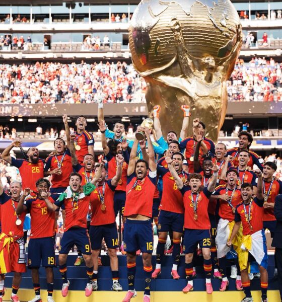 Spain celebrate their 2026 FIFA World Cup victory, lifting the trophy after defeating Argentina in the final to become world champions for the second time.
