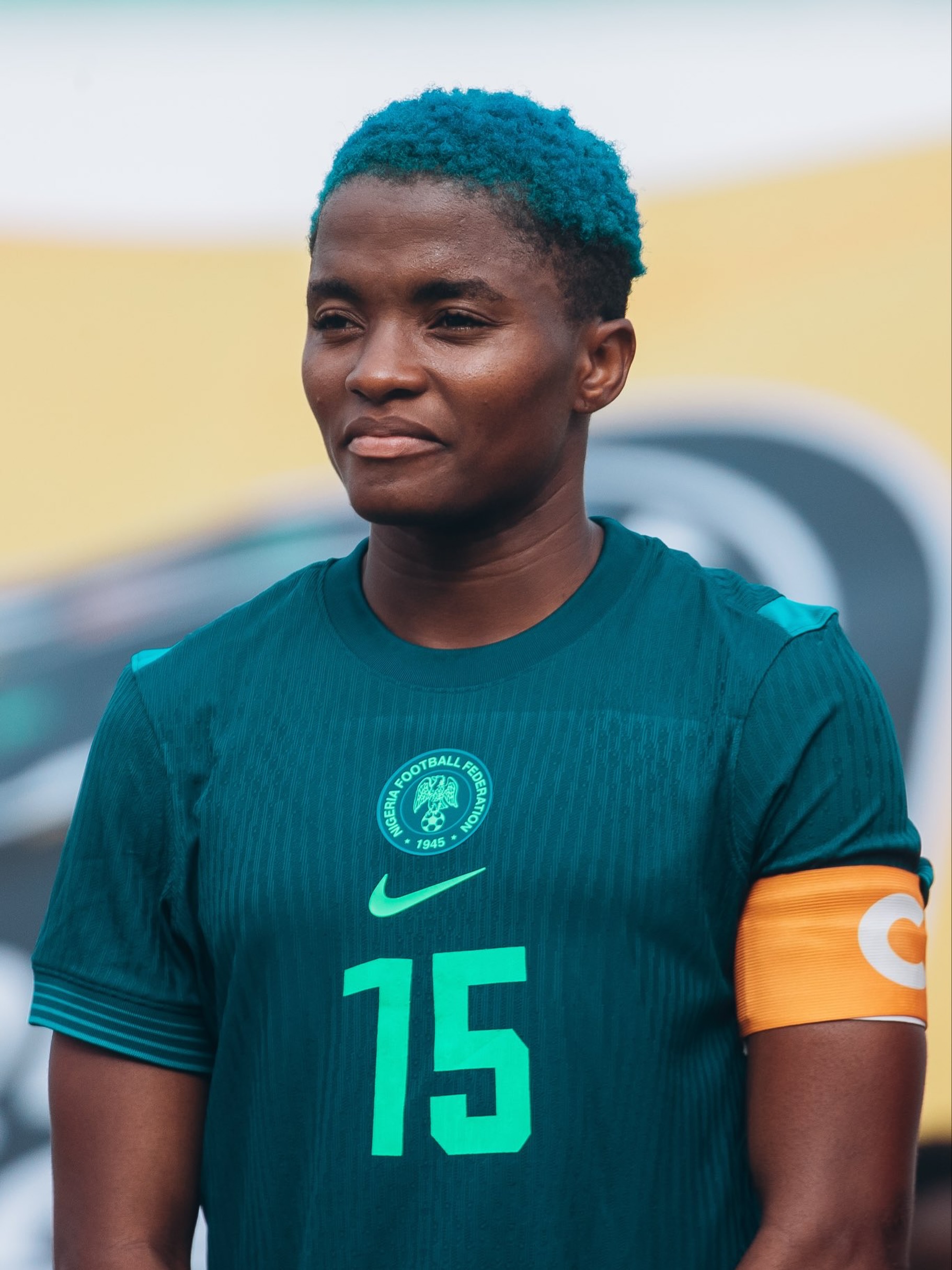 Nigeria Super Falcons captain Rasheedat Ajibade wearing the green national jersey and captain armband.