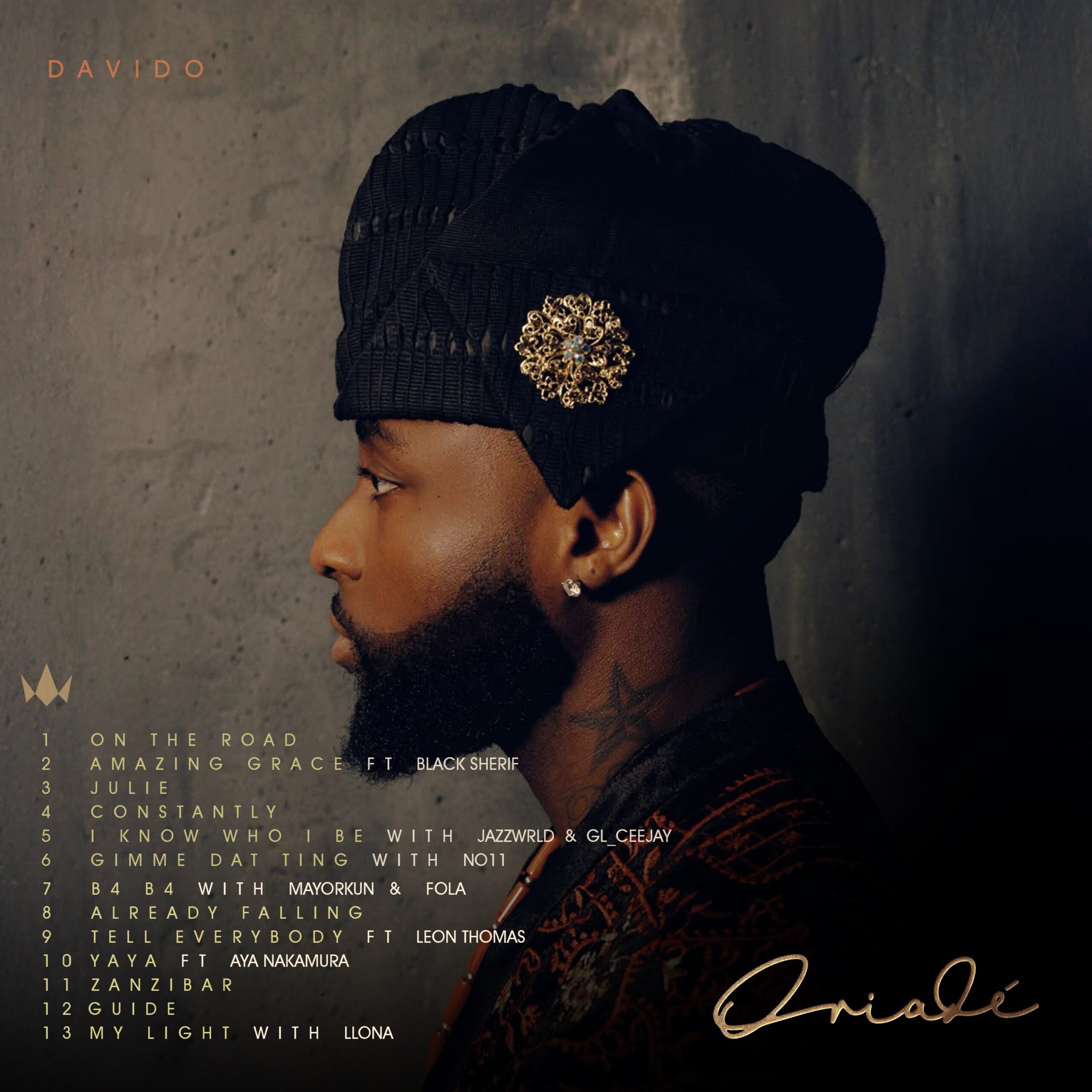 Official tracklist graphic for Davido’s 13-track album Oriadé, featuring Black Sherif, Mayorkun, Fola, Leon Thomas, Aya Nakamura, and Llona.
