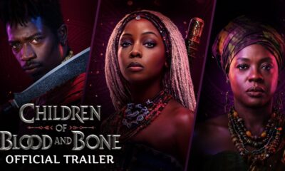 Official trailer graphic for Children of Blood and Bone featuring Damson Idris, Thuso Mbedu as Zélie, and Viola Davis as Mama Agba.