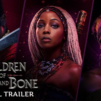 Official trailer graphic for Children of Blood and Bone featuring Damson Idris, Thuso Mbedu as Zélie, and Viola Davis as Mama Agba.