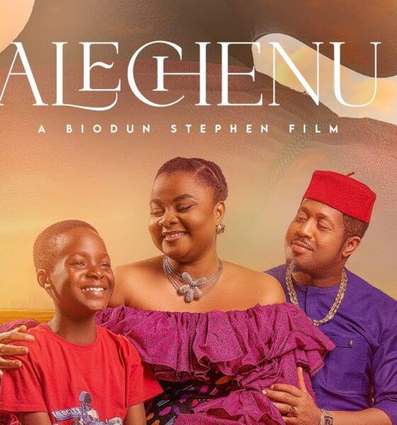 Official movie poster of Alechenu, a Biodun Stephen film, featuring Bimbo Ademoye in a purple off-the-shoulder dress alongside Mike Ezuruonye wearing a red cap and purple traditional outfit, with child actor Royal Aziomaku in a red t-shirt against a warm sunset backdrop.
