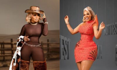 Iyabo Ojo wearing a brown catsuit with cow-print faux-fur coat and a second photo in an orange studded mini dress with tassel fringe.