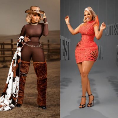 Iyabo Ojo wearing a brown catsuit with cow-print faux-fur coat and a second photo in an orange studded mini dress with tassel fringe.