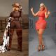 Iyabo Ojo wearing a brown catsuit with cow-print faux-fur coat and a second photo in an orange studded mini dress with tassel fringe.